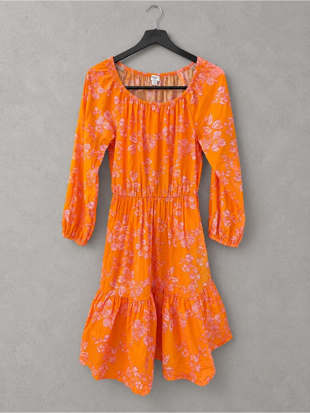 J. Crew Orange Floral Tiered Long-Sleeve Midi Dress